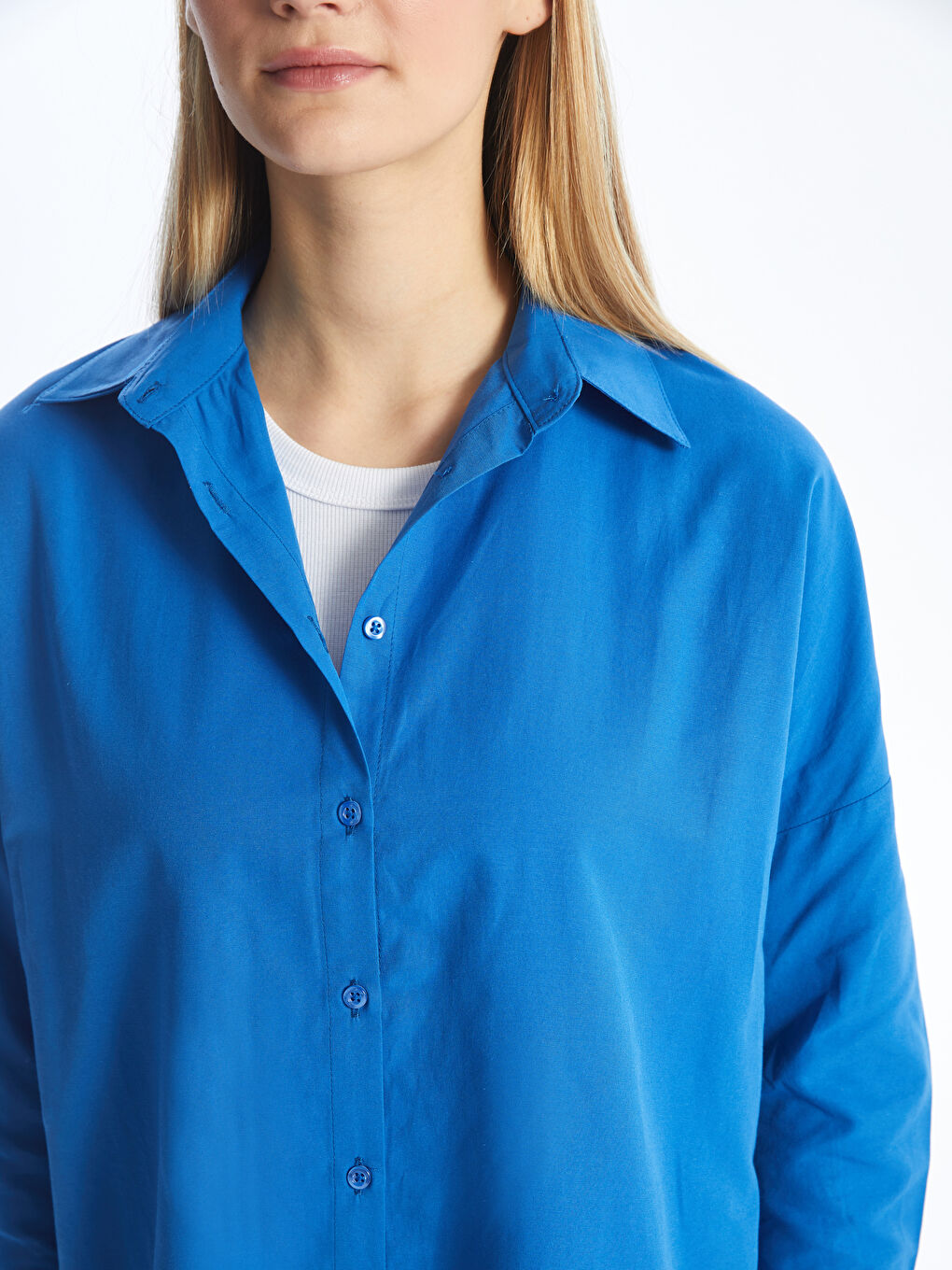 Mavi Düz Uzun Kollu Oversize Kadın Gömlek-3