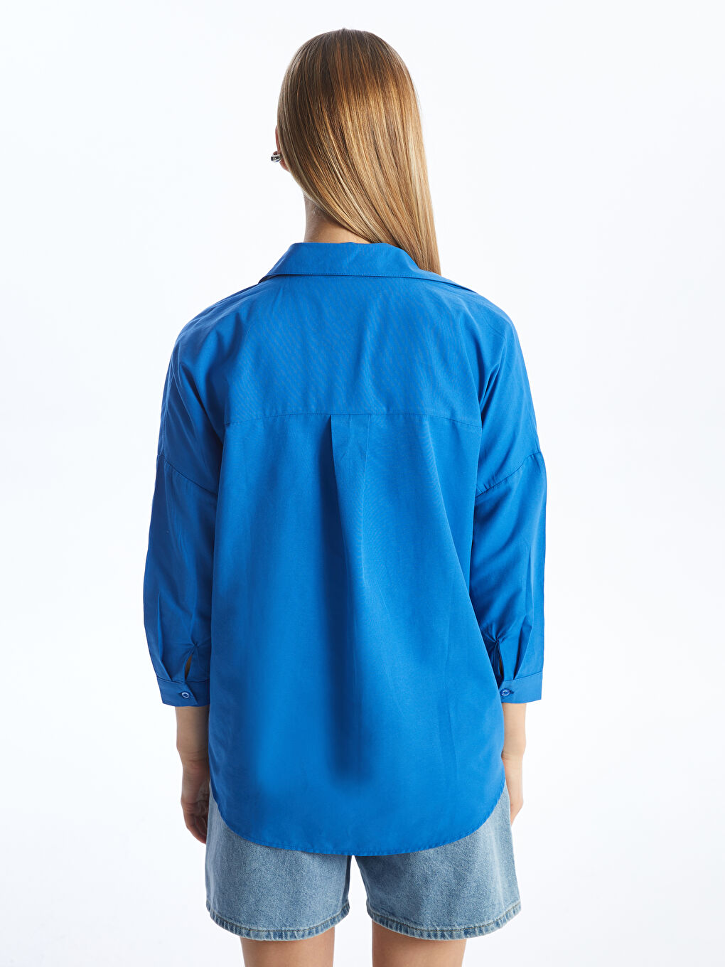 Mavi Düz Uzun Kollu Oversize Kadın Gömlek-4