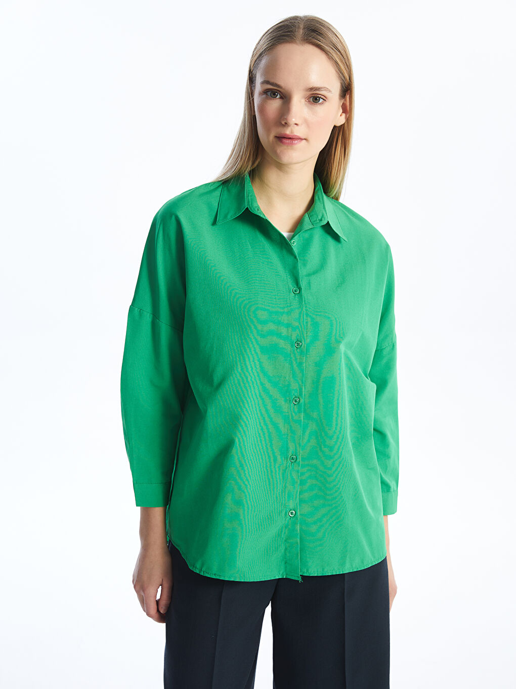 Yeşil Düz Uzun Kollu Oversize Kadın Gömlek