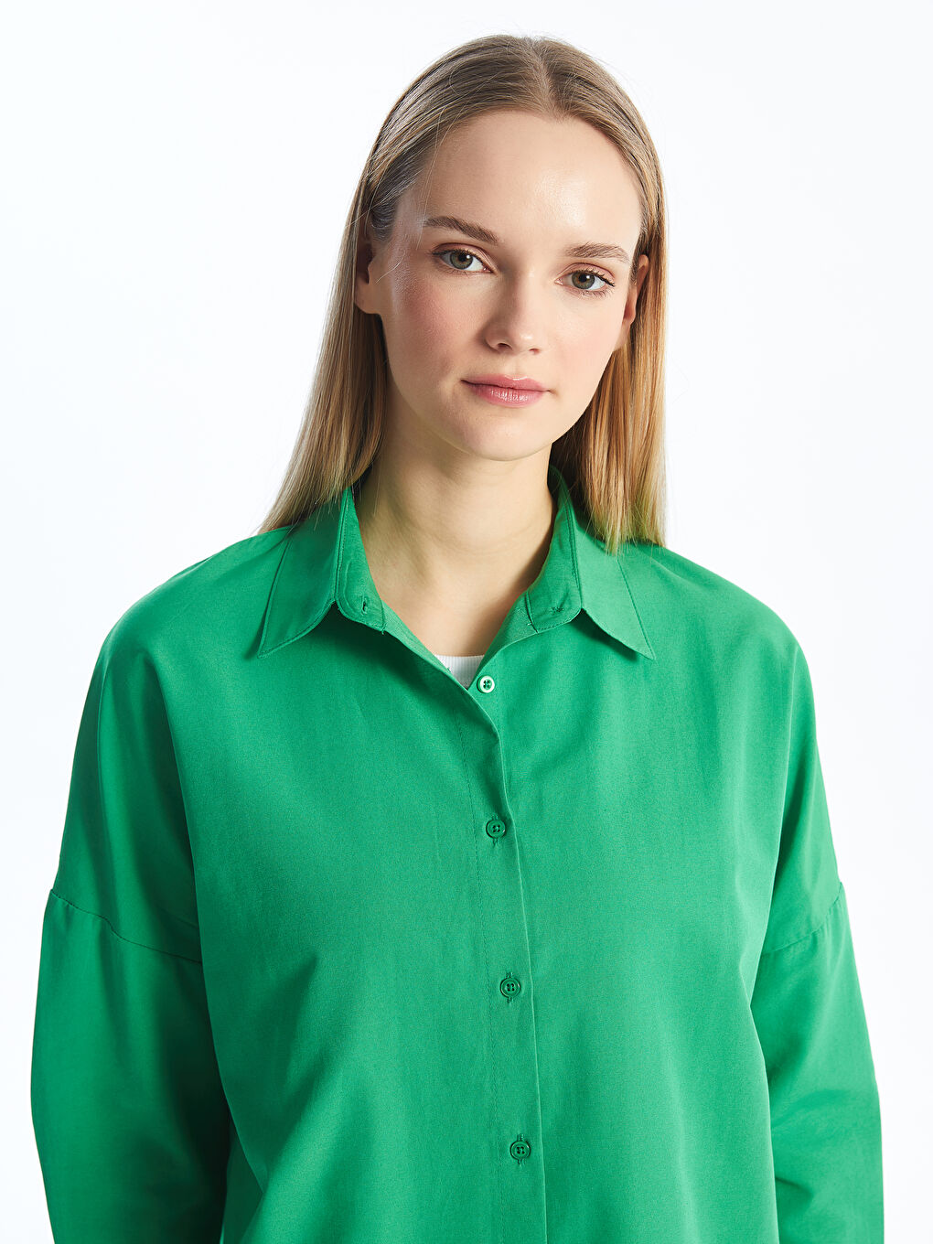 Yeşil Düz Uzun Kollu Oversize Kadın Gömlek-1