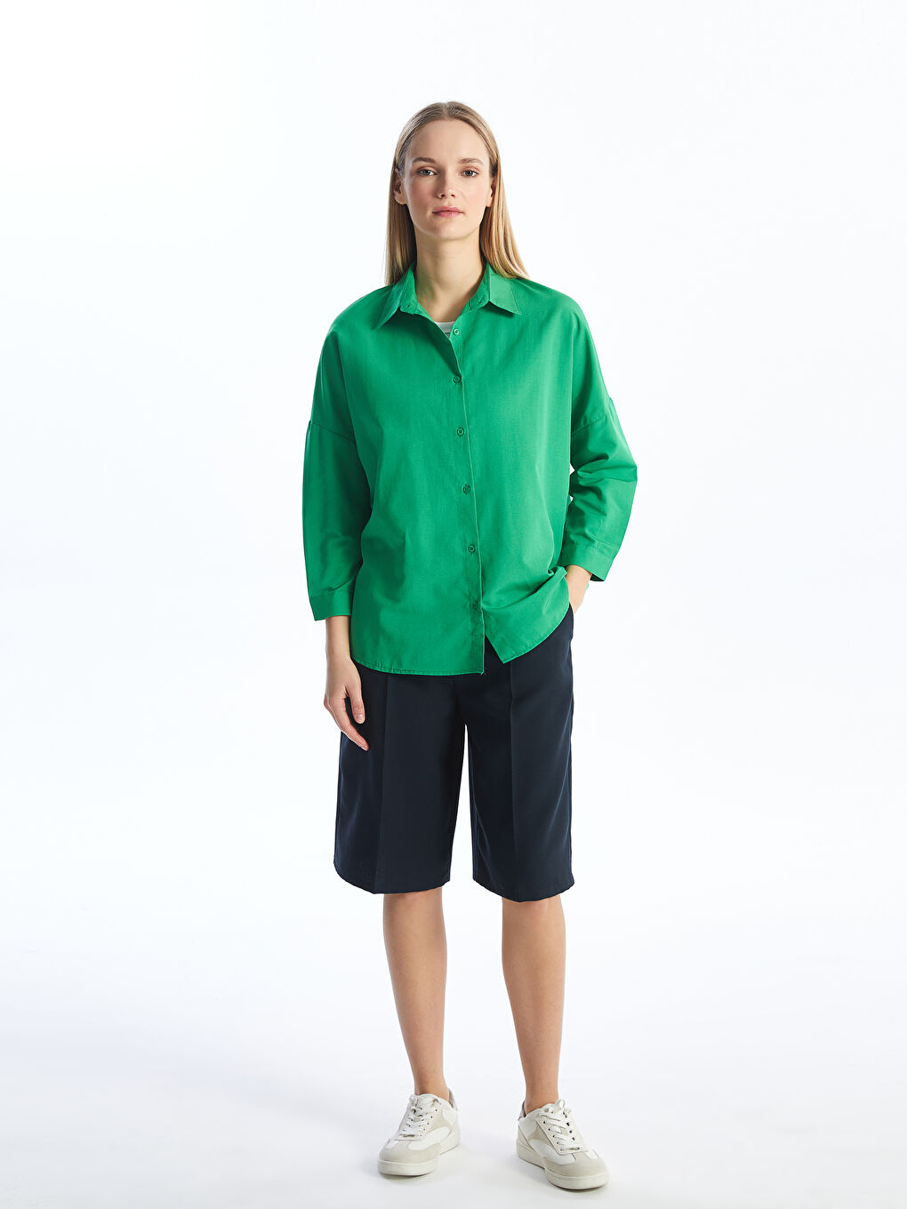 Yeşil Düz Uzun Kollu Oversize Kadın Gömlek-2