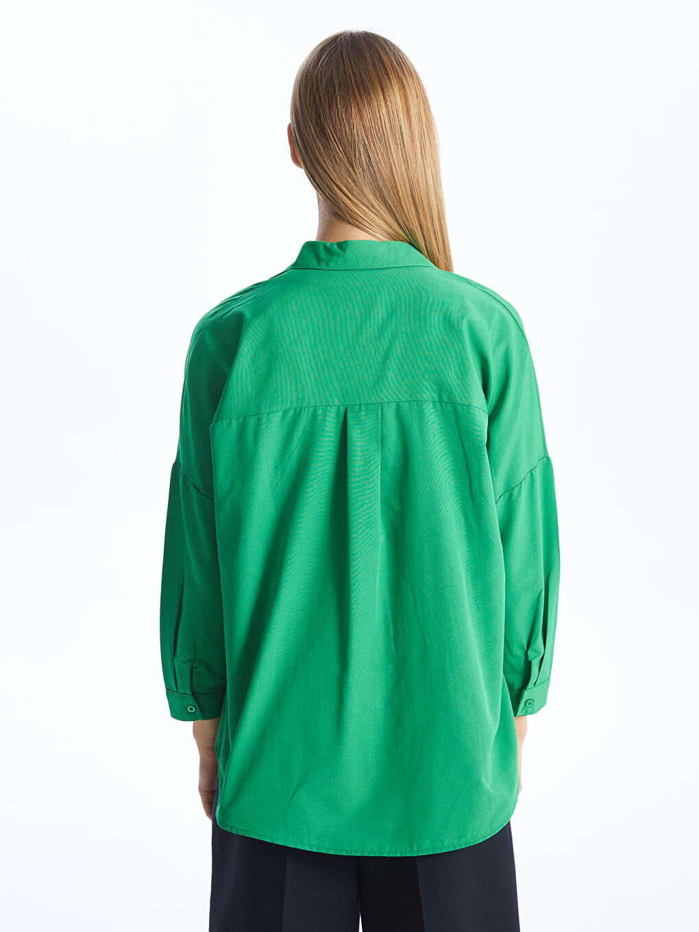 Yeşil Düz Uzun Kollu Oversize Kadın Gömlek-4