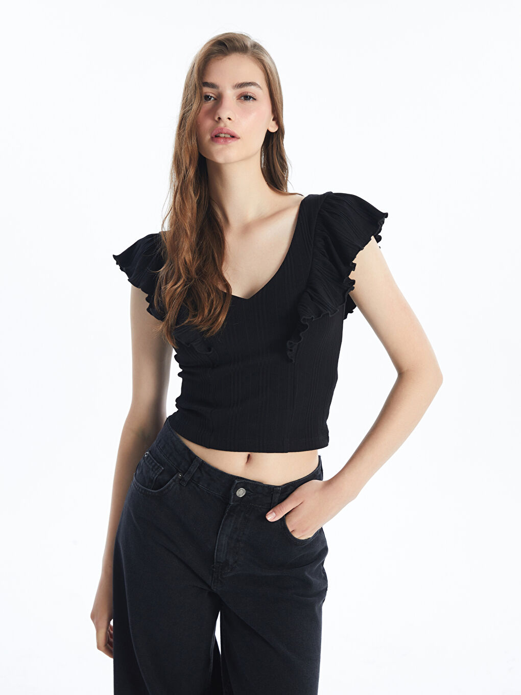 V Neck Straight Short Sleeve Women T-Shirt -S4M021Z8-CVL