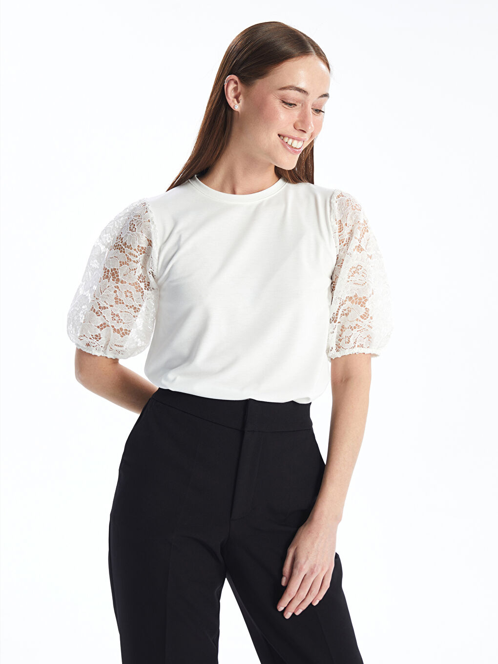 Crew Neck Self-Patterned Short-Sleeve Women's Blouse -S4M184Z8-R9J
