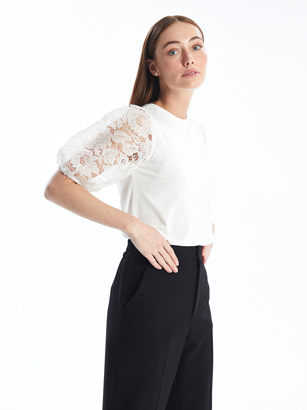 Crew Neck Self-Patterned Short-Sleeve Women's Blouse -S4M184Z8-R9J