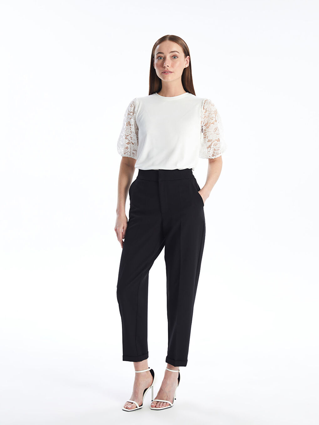 Crew Neck Self-Patterned Short-Sleeve Women's Blouse -S4M184Z8-R9J
