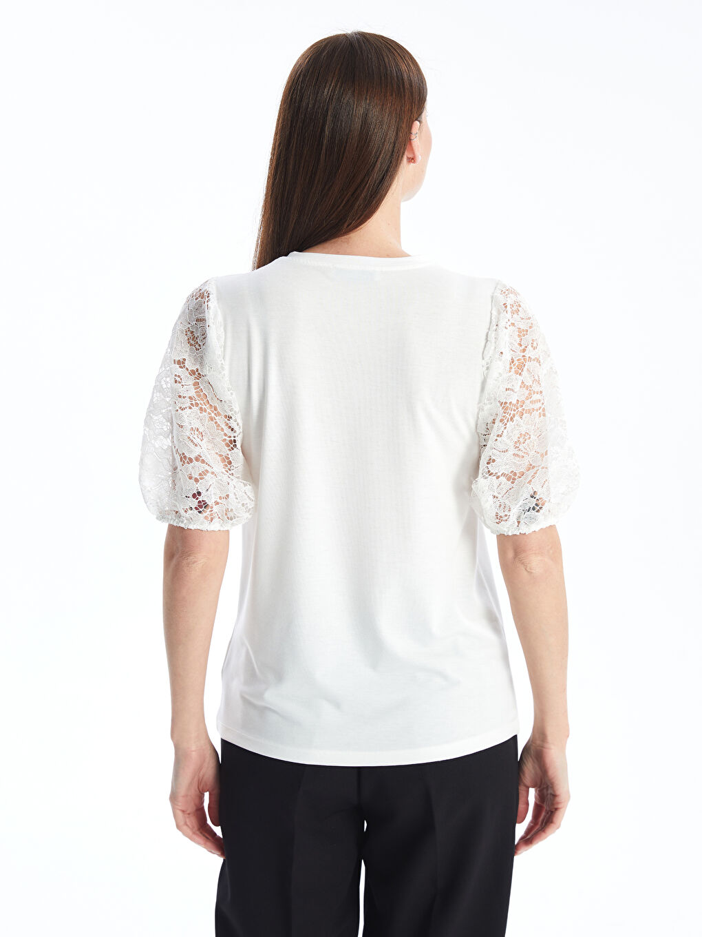 Crew Neck Self-Patterned Short-Sleeve Women's Blouse -S4M184Z8-R9J