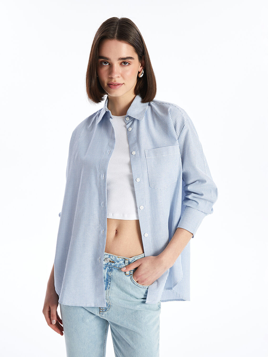 Mavi Çizgili Uzun Kollu Oversize Kadın Gömlek