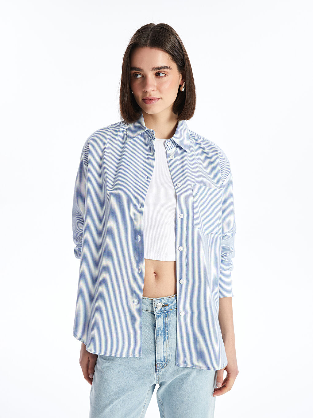 Mavi Çizgili Uzun Kollu Oversize Kadın Gömlek-1