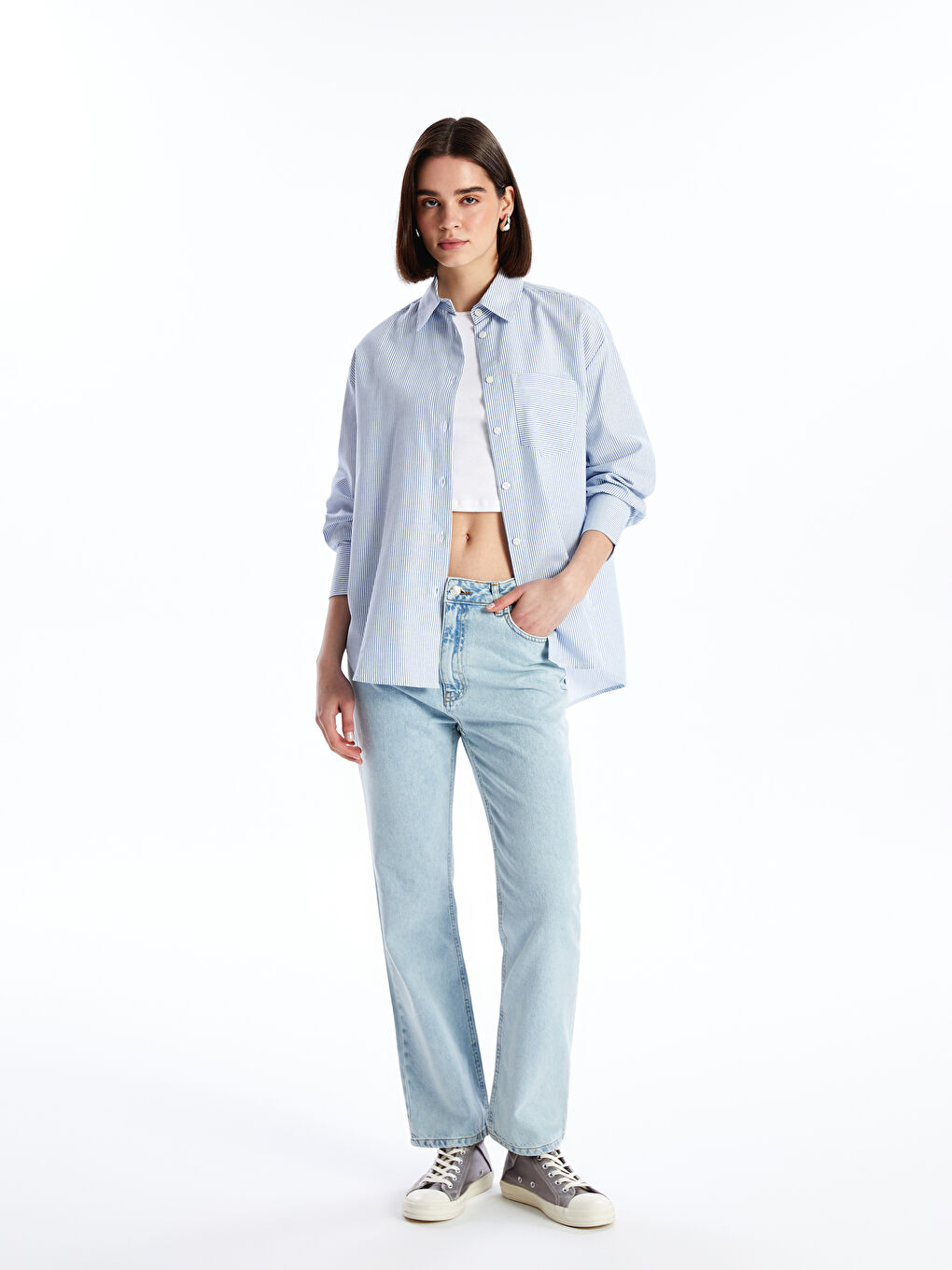 Mavi Çizgili Uzun Kollu Oversize Kadın Gömlek-2