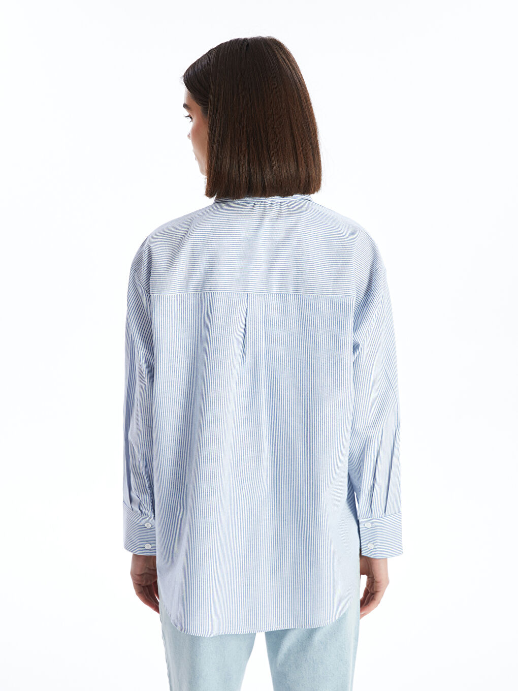 Mavi Çizgili Uzun Kollu Oversize Kadın Gömlek-4