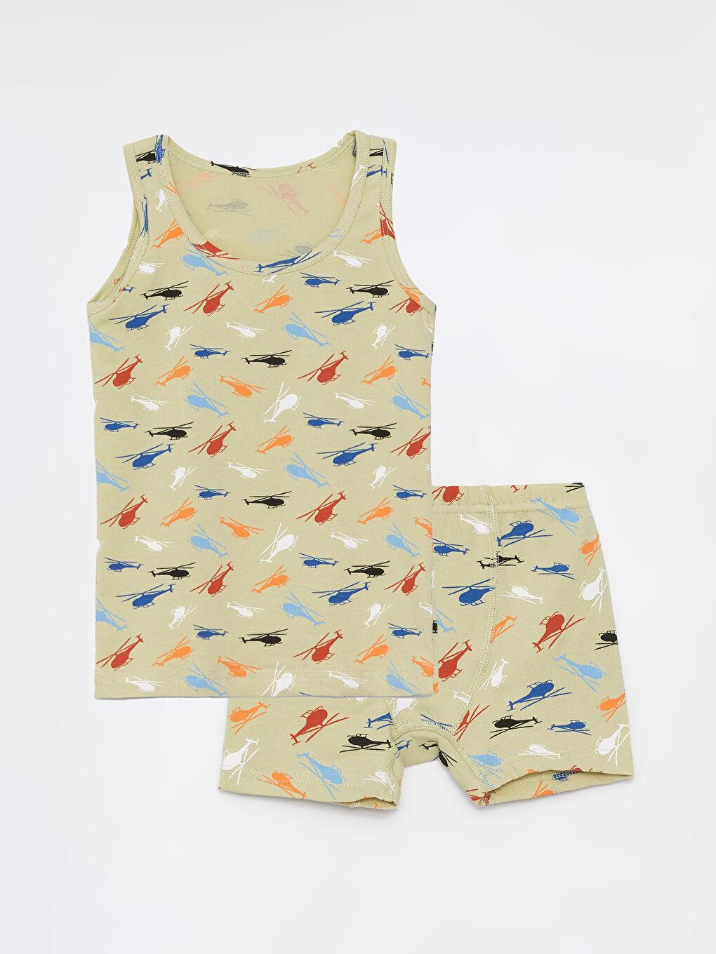 Haki Bisiklet Yaka Desenli Erkek Çocuk İç Giyim Takım