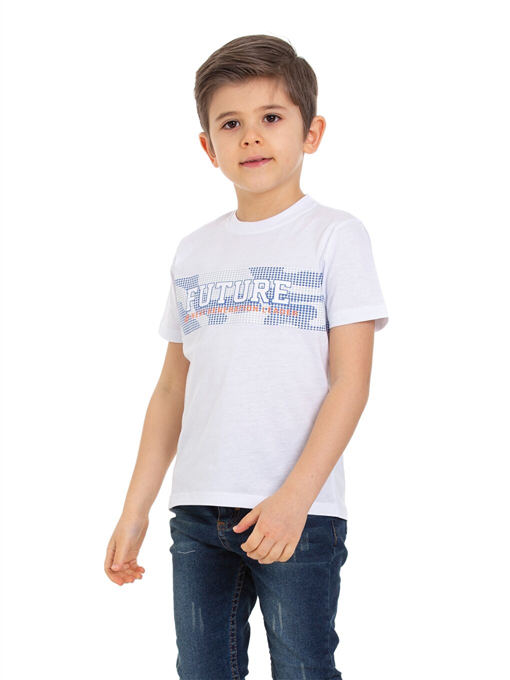 Beyaz Bisiklet Yaka Erkek Çocuk Tişört