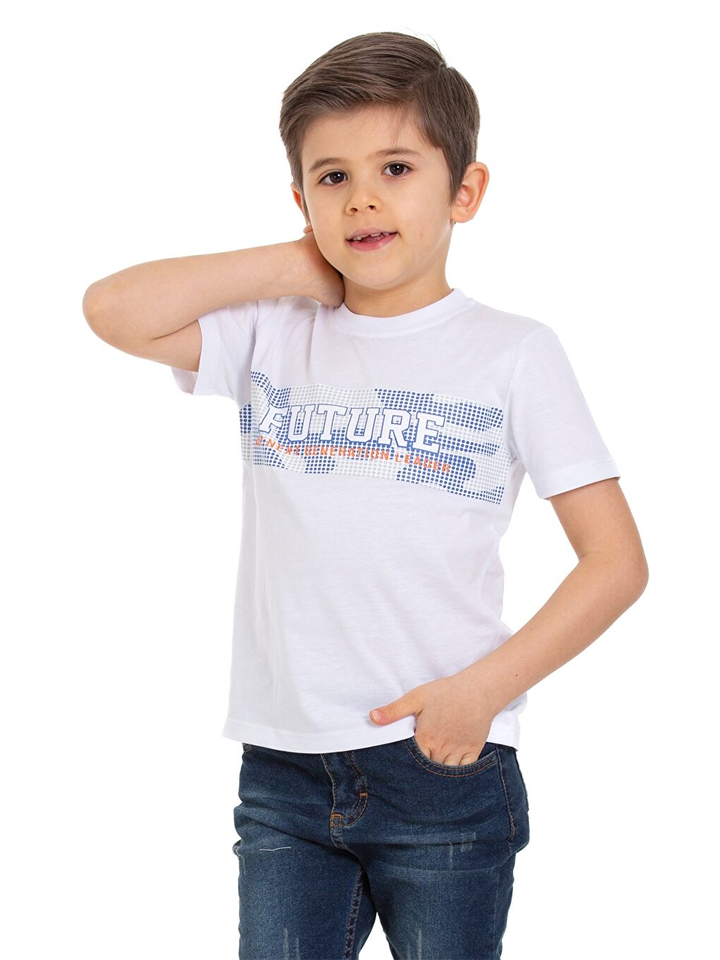 Beyaz Bisiklet Yaka Erkek Çocuk Tişört-2