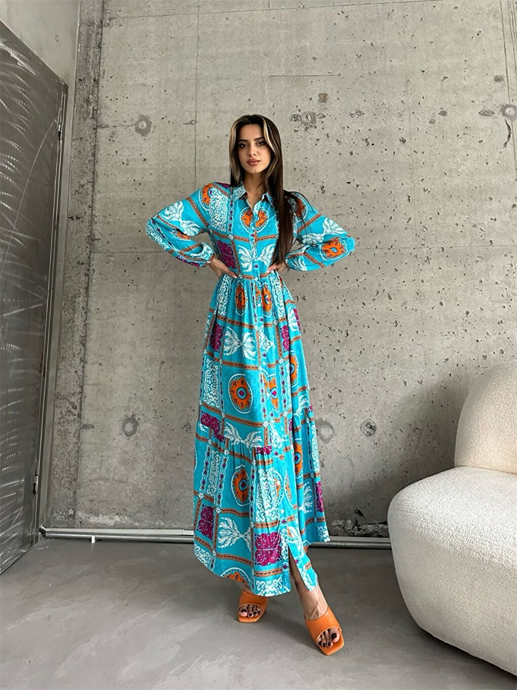 Turkuaz Gömlek Yaka Uzun Kollu Baskılı Kadın Elbise