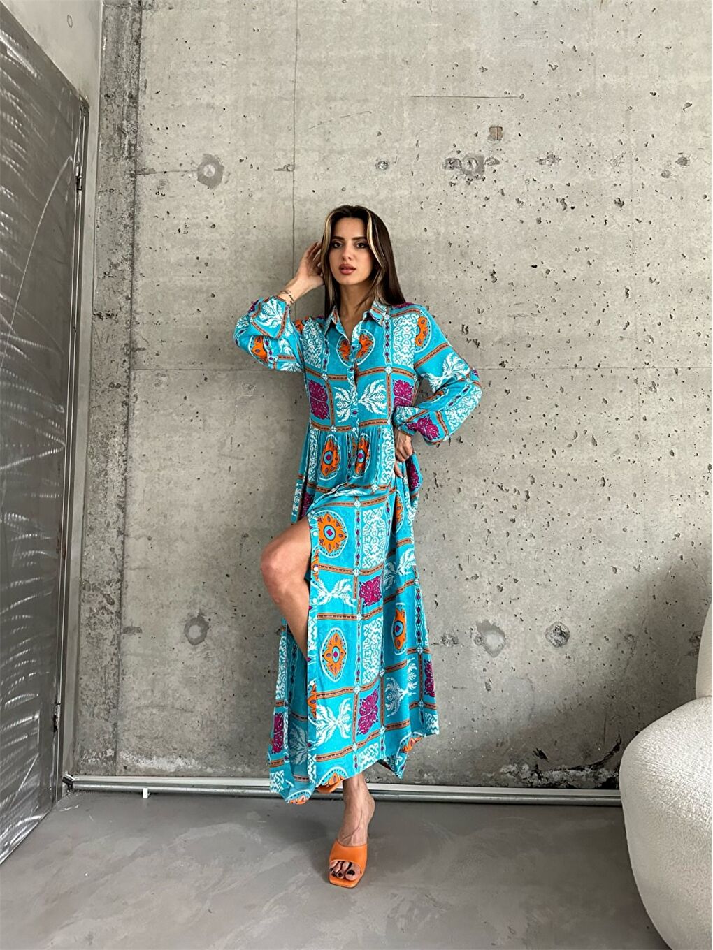 Turkuaz Gömlek Yaka Uzun Kollu Baskılı Kadın Elbise-1