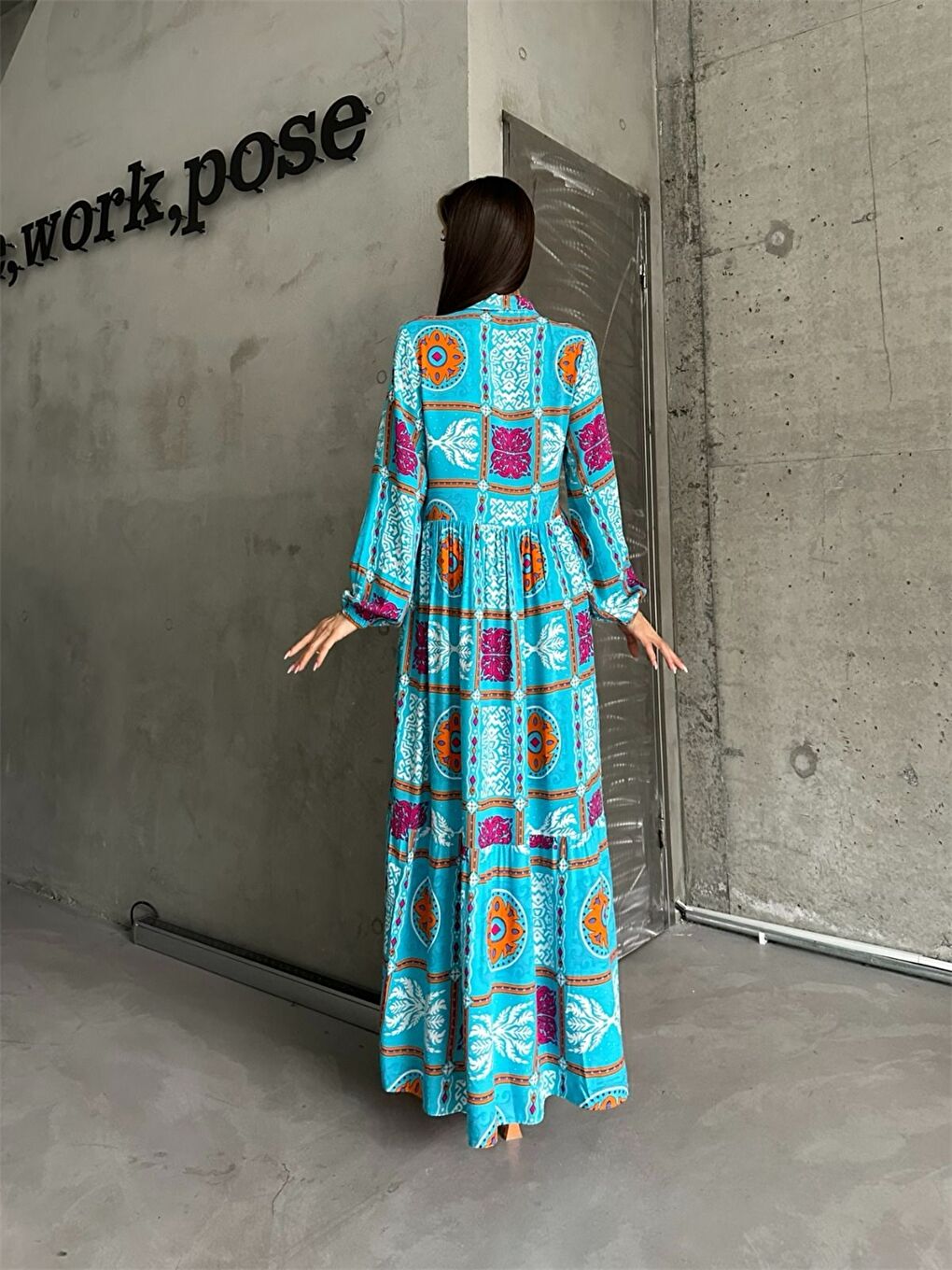 Turkuaz Gömlek Yaka Uzun Kollu Baskılı Kadın Elbise-2