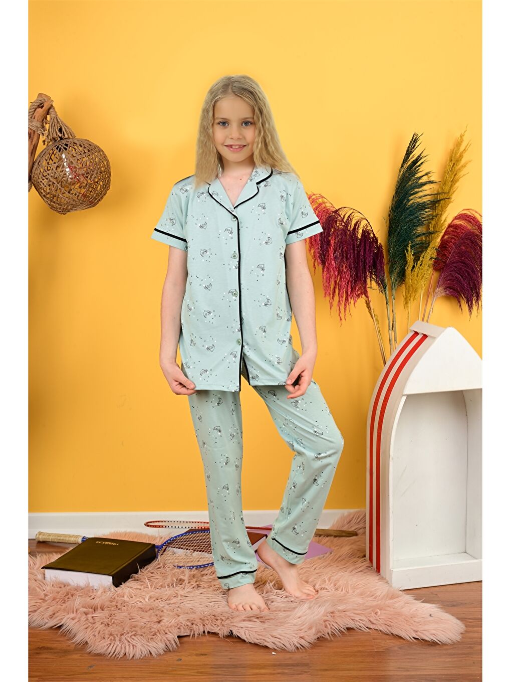 Yeşil Gömlek Yaka Kız Çocuk Pijama Takımı