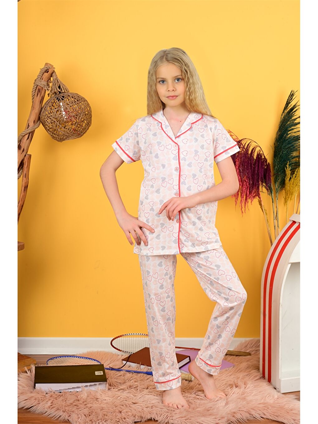 Turuncu Gömlek Yaka Kız Çocuk Pijama Takımı-1