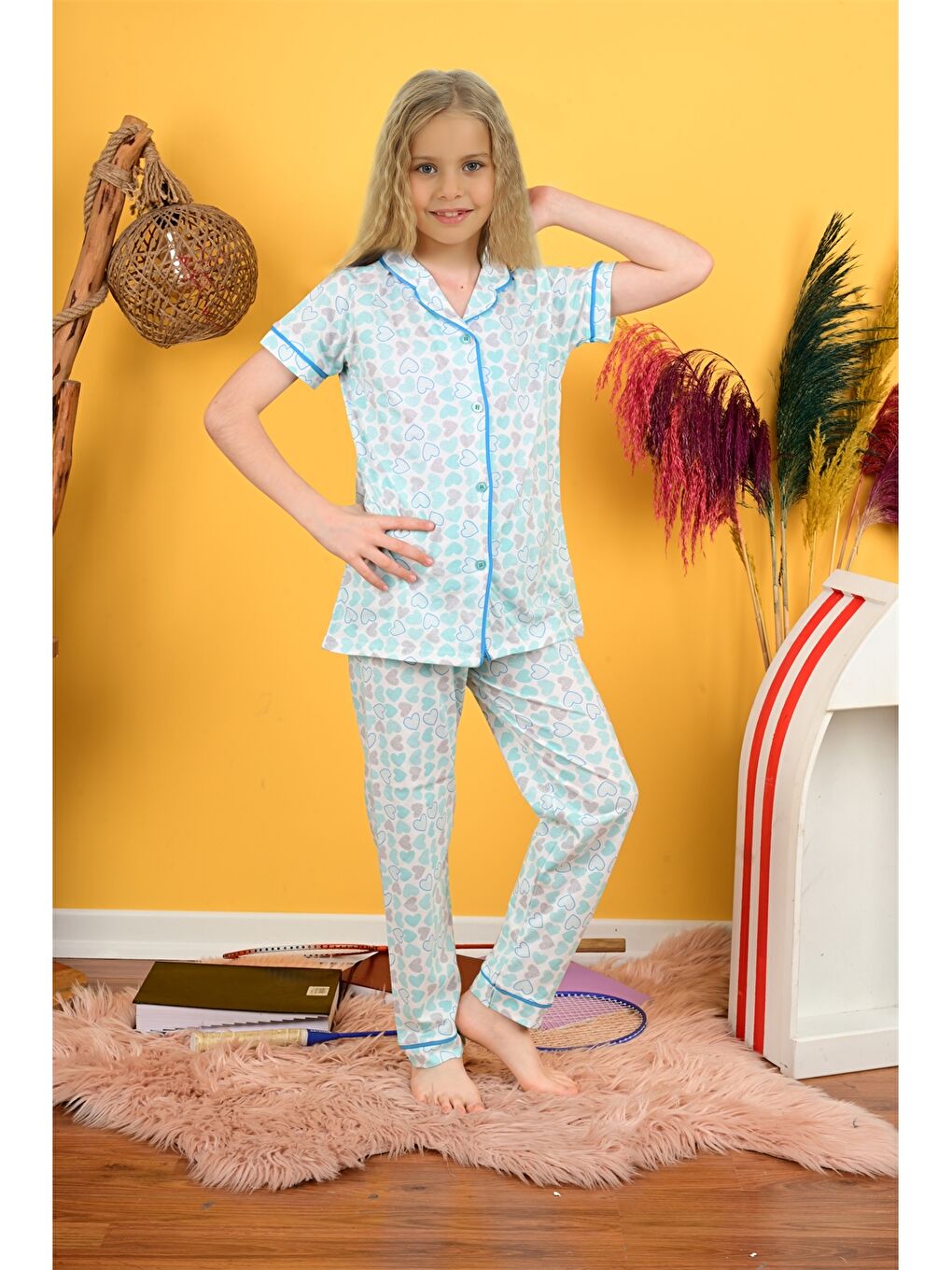 Yeşil Gömlek Yaka Kız Çocuk Pijama Takımı