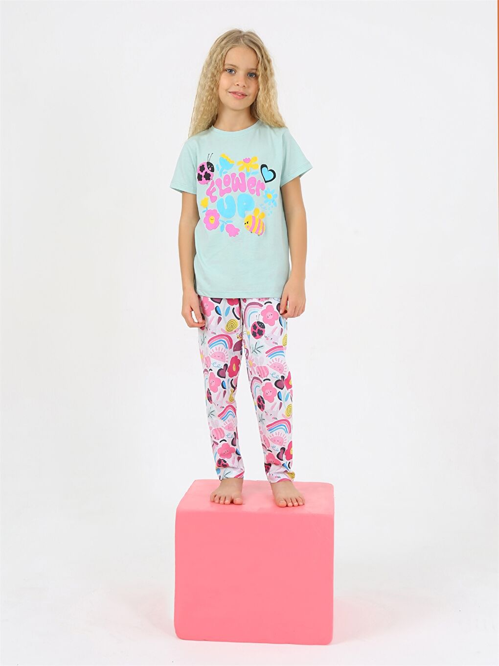 Yeşil Bisiklet Yaka Kız Çocuk Pijama Takım