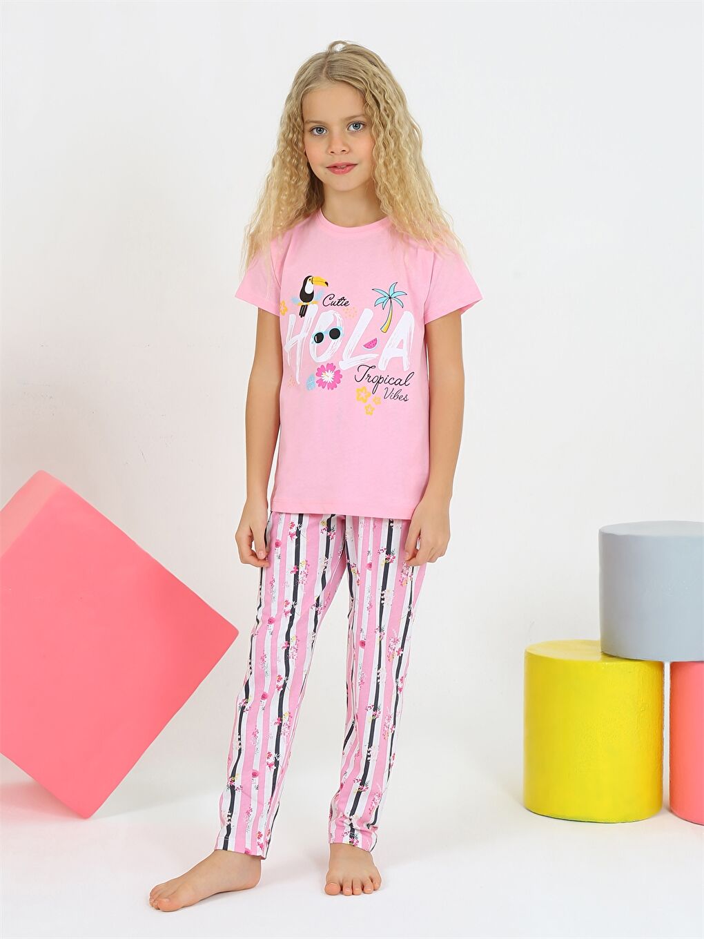 Pembe Bisiklet Yaka Kız Çocuk Pijama Takım-2