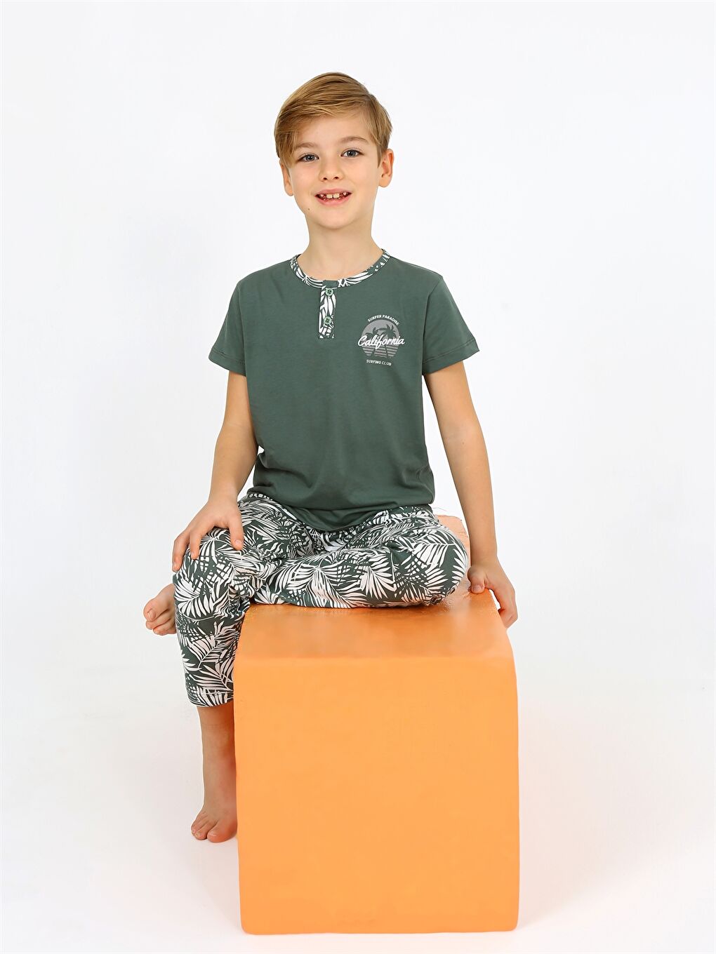 Yeşil Bisiklet Yaka Erkek Çocuk Pijama Takımı-1