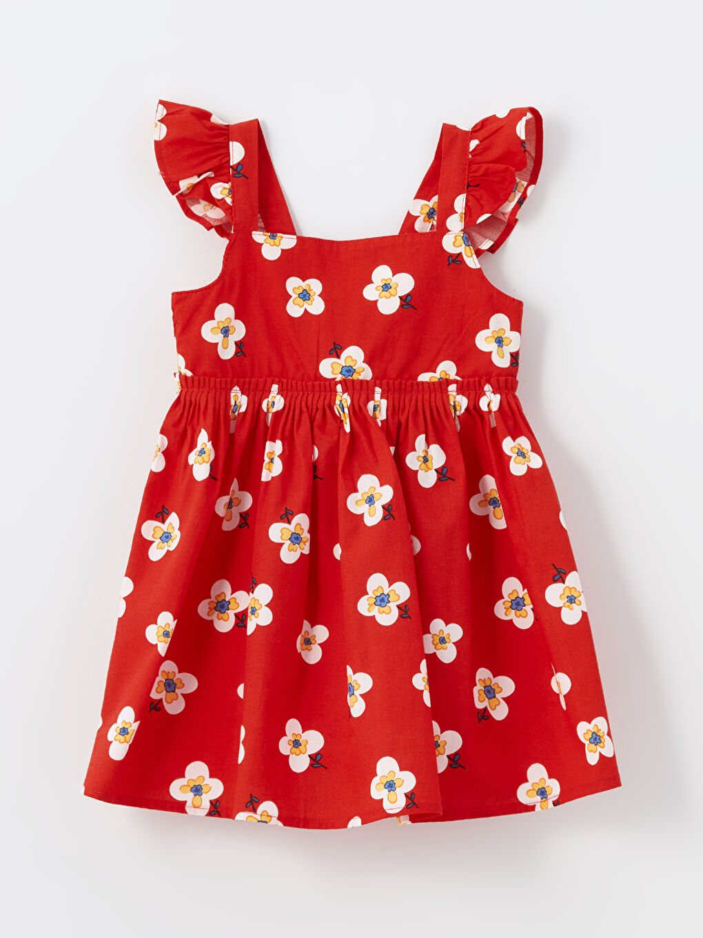 Kırmızı Kare Yaka Kolsuz Çiçekli Kız Bebek Elbise