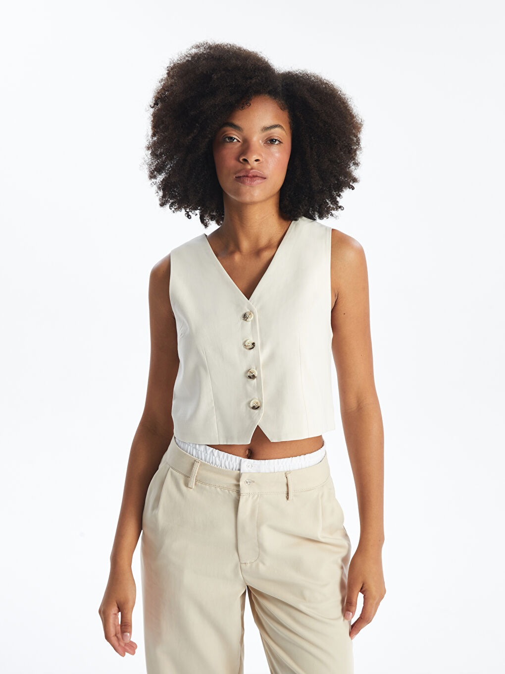 Bej V Yaka Düz Keten Karışımlı Kadın Klasik Yelek