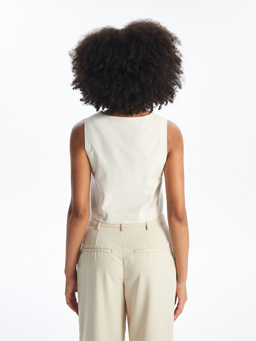 Bej V Yaka Düz Keten Karışımlı Kadın Klasik Yelek-3