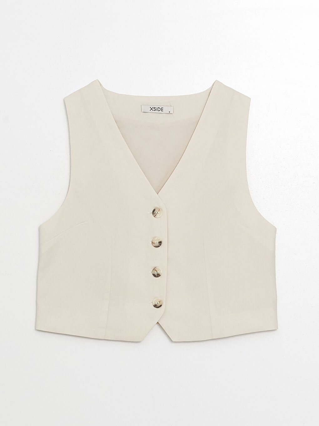 Bej V Yaka Düz Keten Karışımlı Kadın Klasik Yelek-4