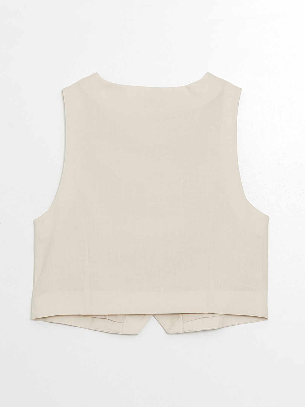 Bej V Yaka Düz Keten Karışımlı Kadın Klasik Yelek-5