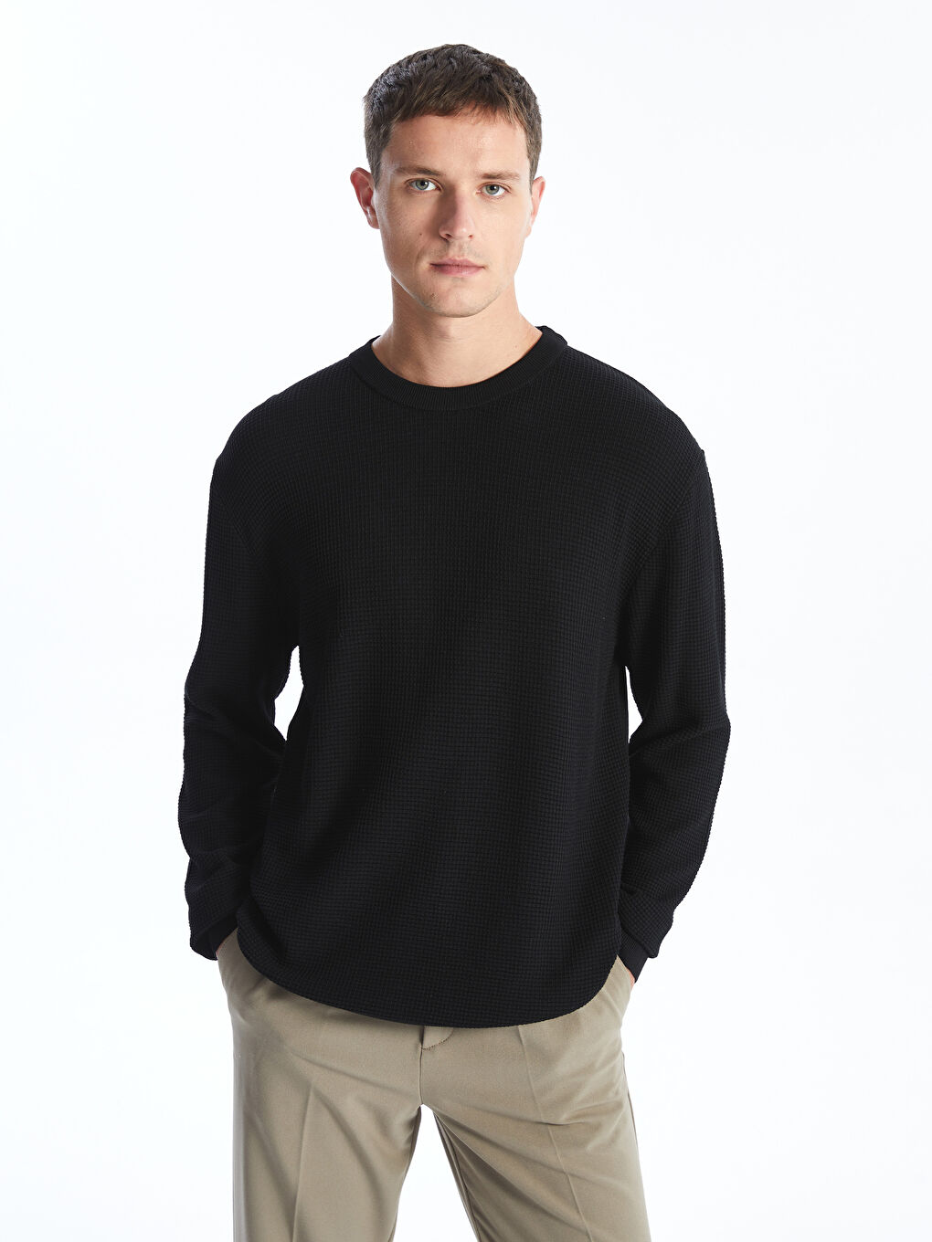 Crew Neck Long Sleeve Men's Tricot Sweater -S4M650Z8-CVL