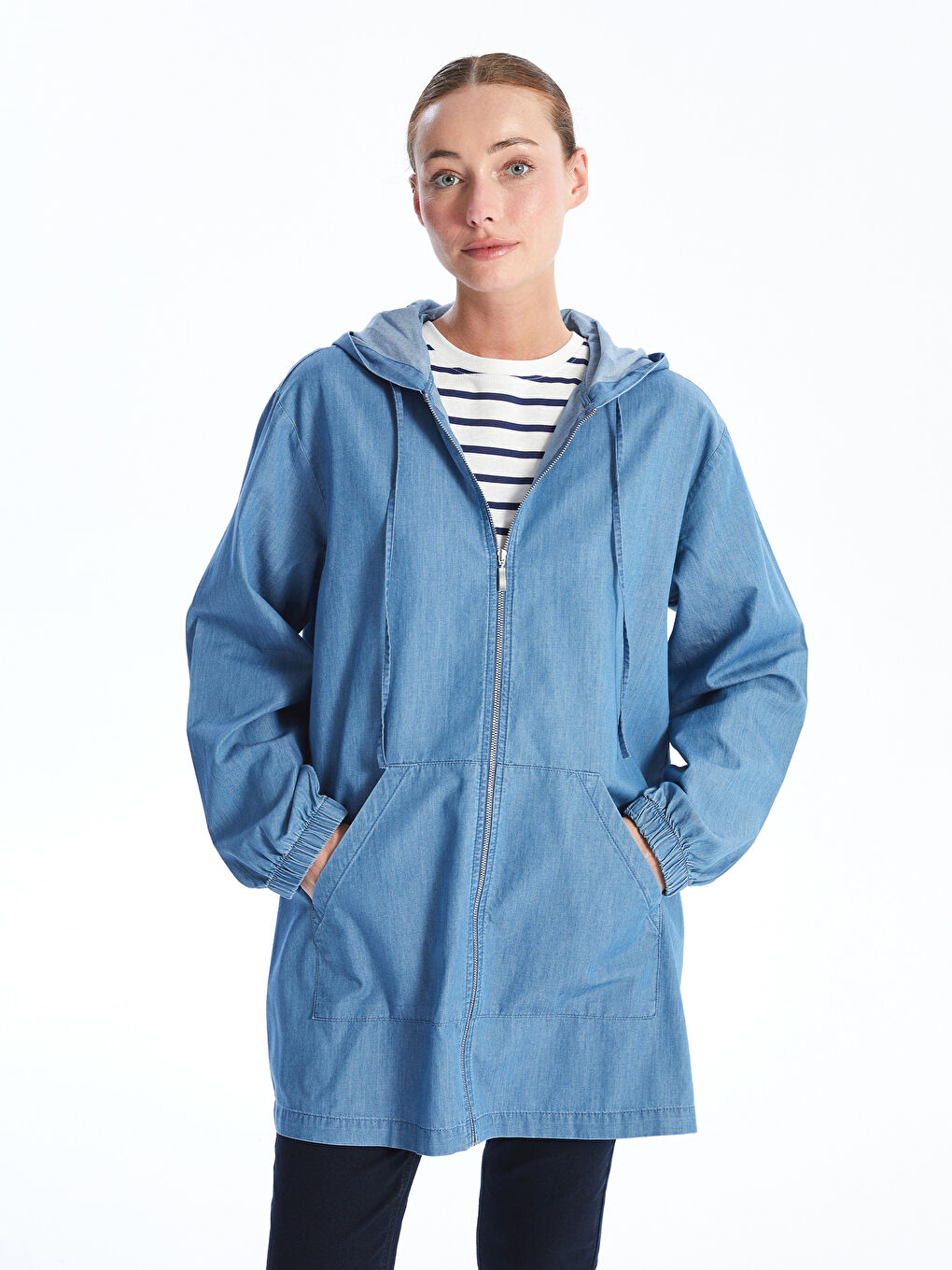 Mavi Kadın Kapüşonlu Düz Jean Tunik