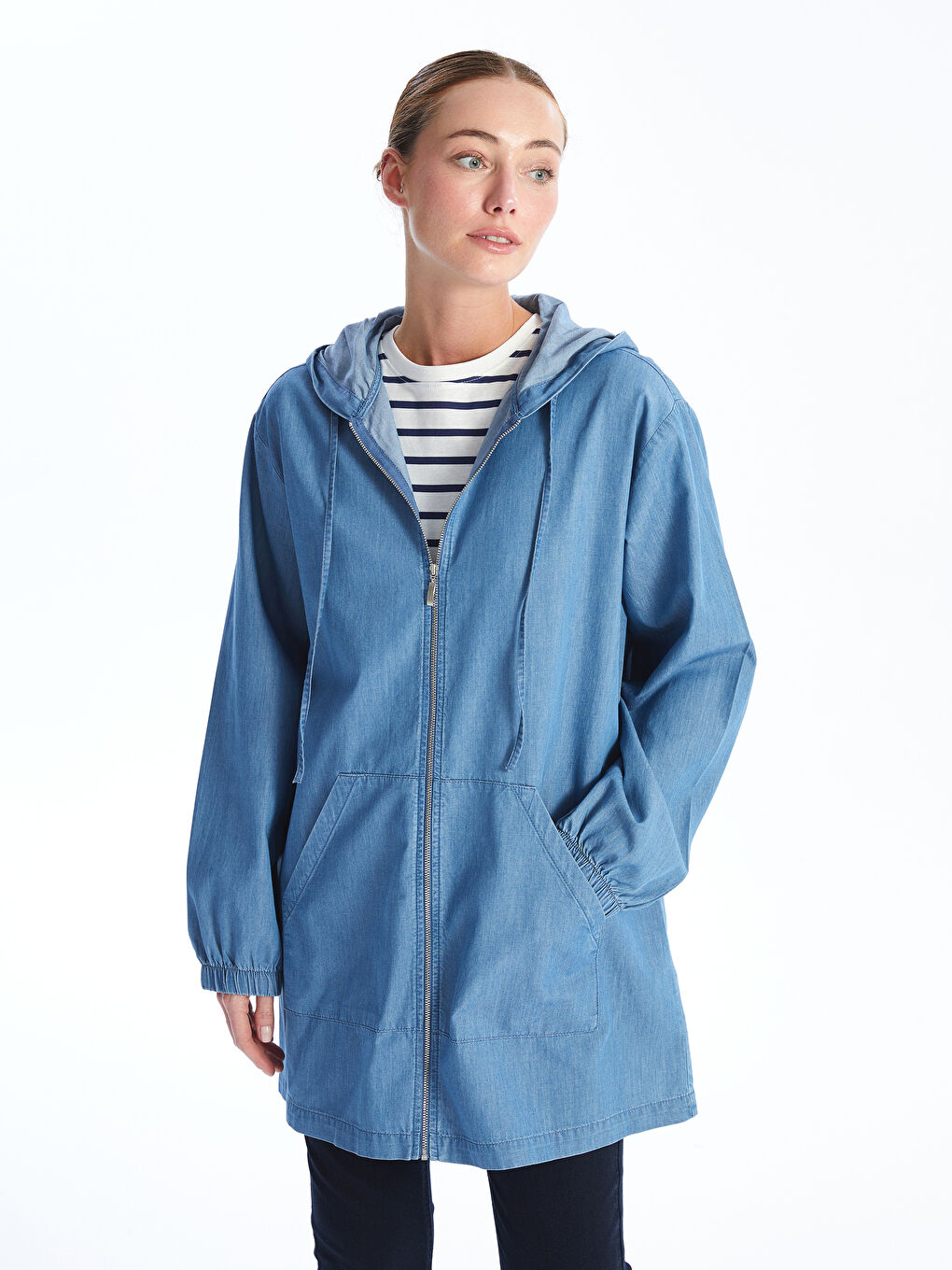 Mavi Kadın Kapüşonlu Düz Jean Tunik-1