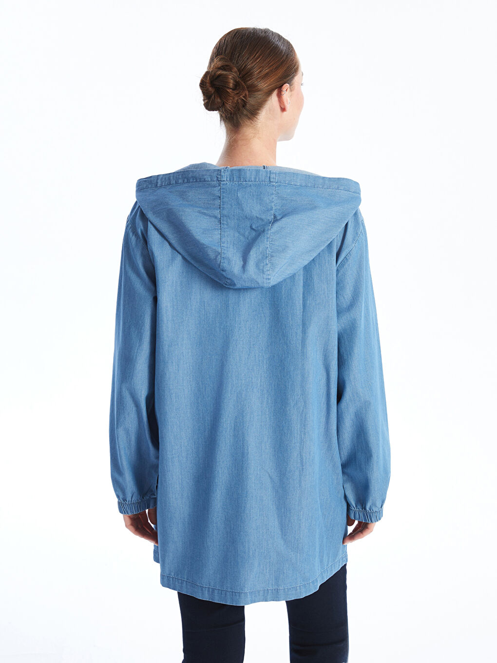 Mavi Kadın Kapüşonlu Düz Jean Tunik-4