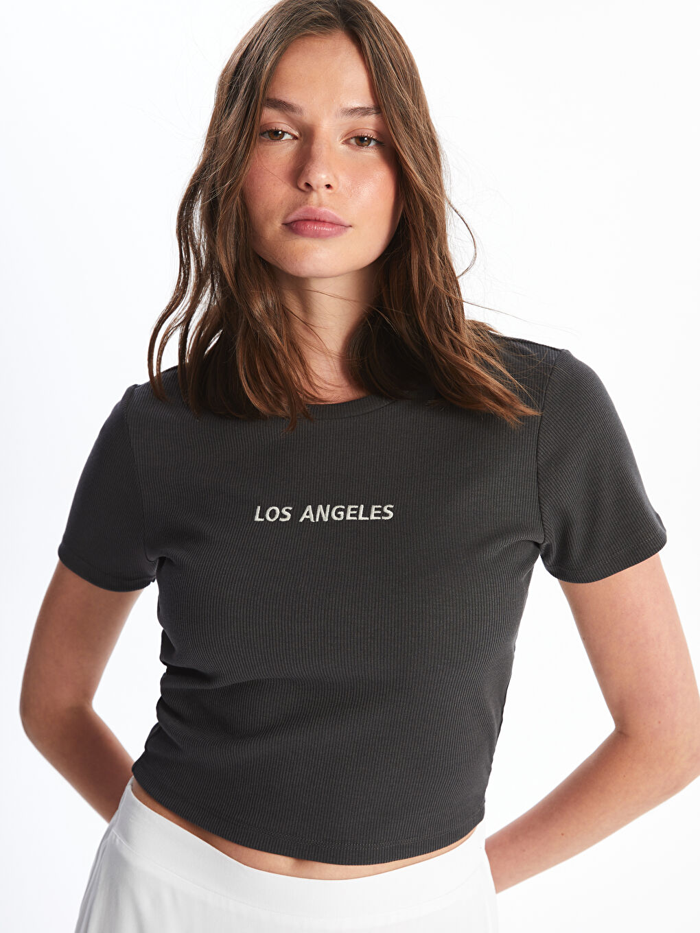 Antrasit Bisiklet Yaka Düz Kısa Kollu Kadın Crop