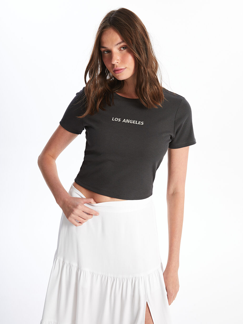 Antrasit Bisiklet Yaka Düz Kısa Kollu Kadın Crop-1