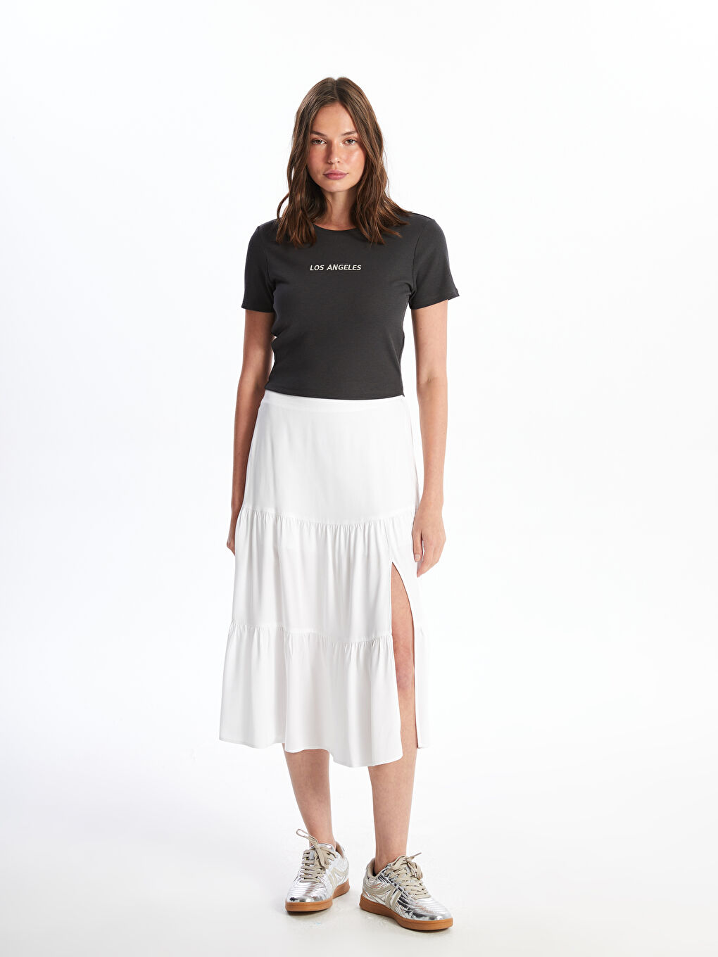 Antrasit Bisiklet Yaka Düz Kısa Kollu Kadın Crop-2