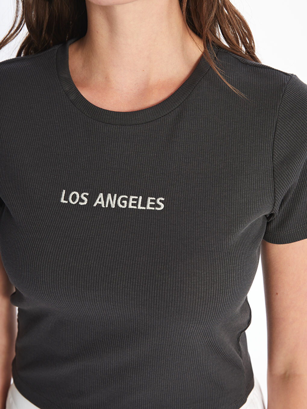 Antrasit Bisiklet Yaka Düz Kısa Kollu Kadın Crop-3