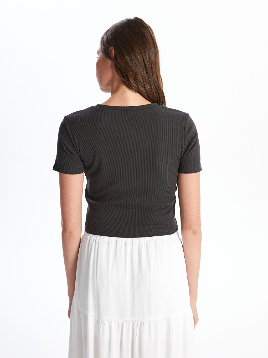 Antrasit Bisiklet Yaka Düz Kısa Kollu Kadın Crop-4