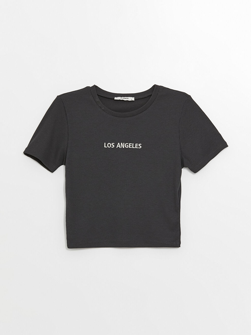 Antrasit Bisiklet Yaka Düz Kısa Kollu Kadın Crop-5