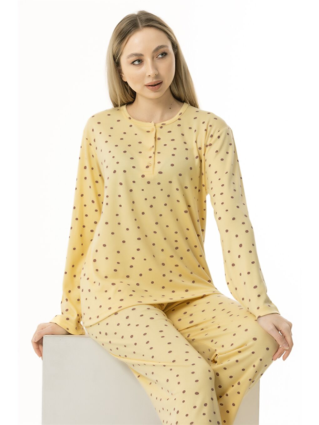 Sarı Bisiklet Yaka Kadın Pijama Takım