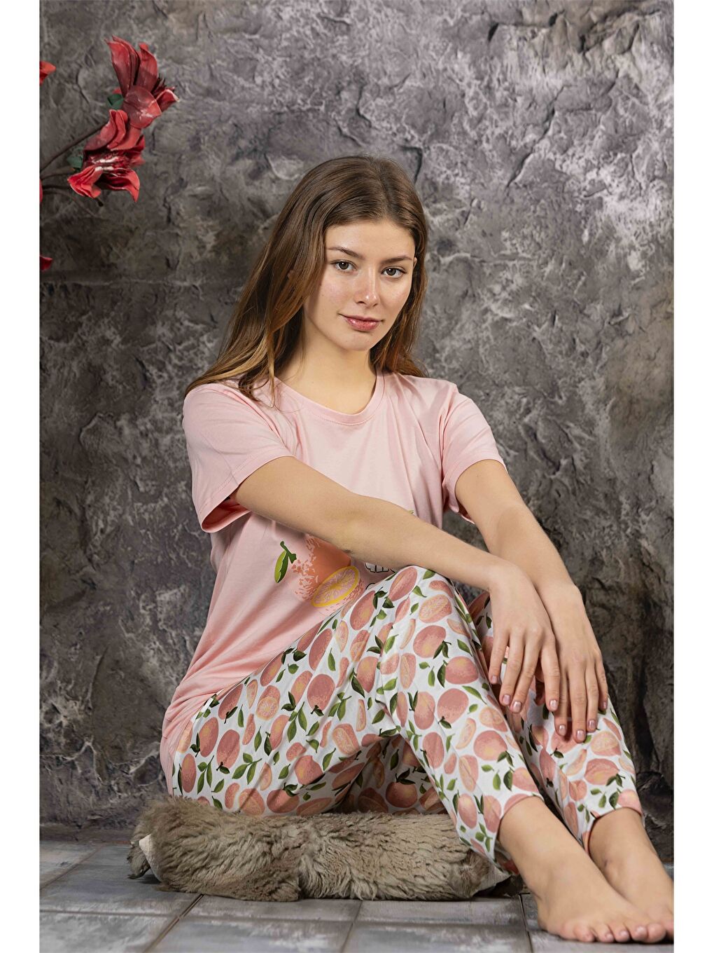 Pembe Bisiklet Yaka Kadın Pijama Takım