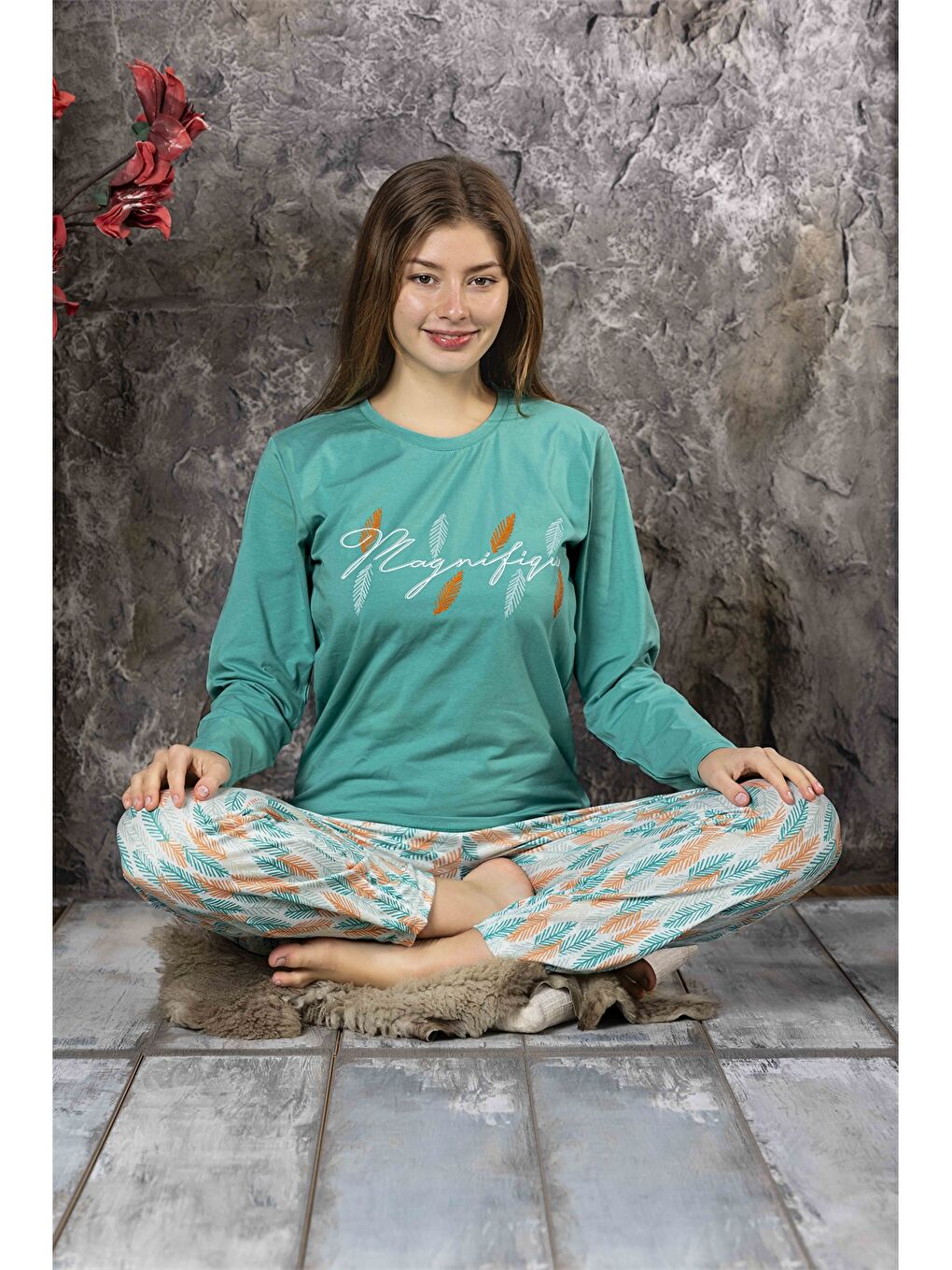 Yeşil Bisiklet Yaka Kadın Pijama Takım