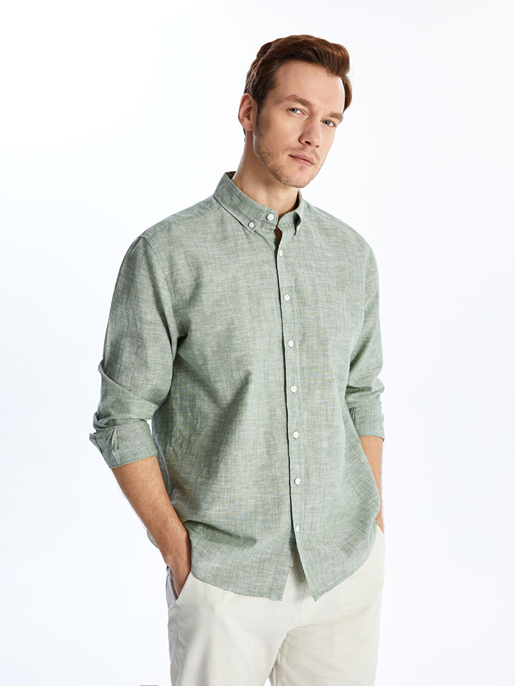 Yeşil Regular Fit Uzun Kollu Keten Karışımlı Erkek Gömlek-1