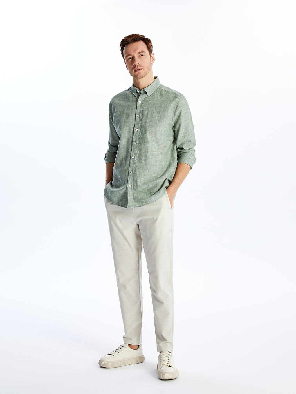 Yeşil Regular Fit Uzun Kollu Keten Karışımlı Erkek Gömlek-2