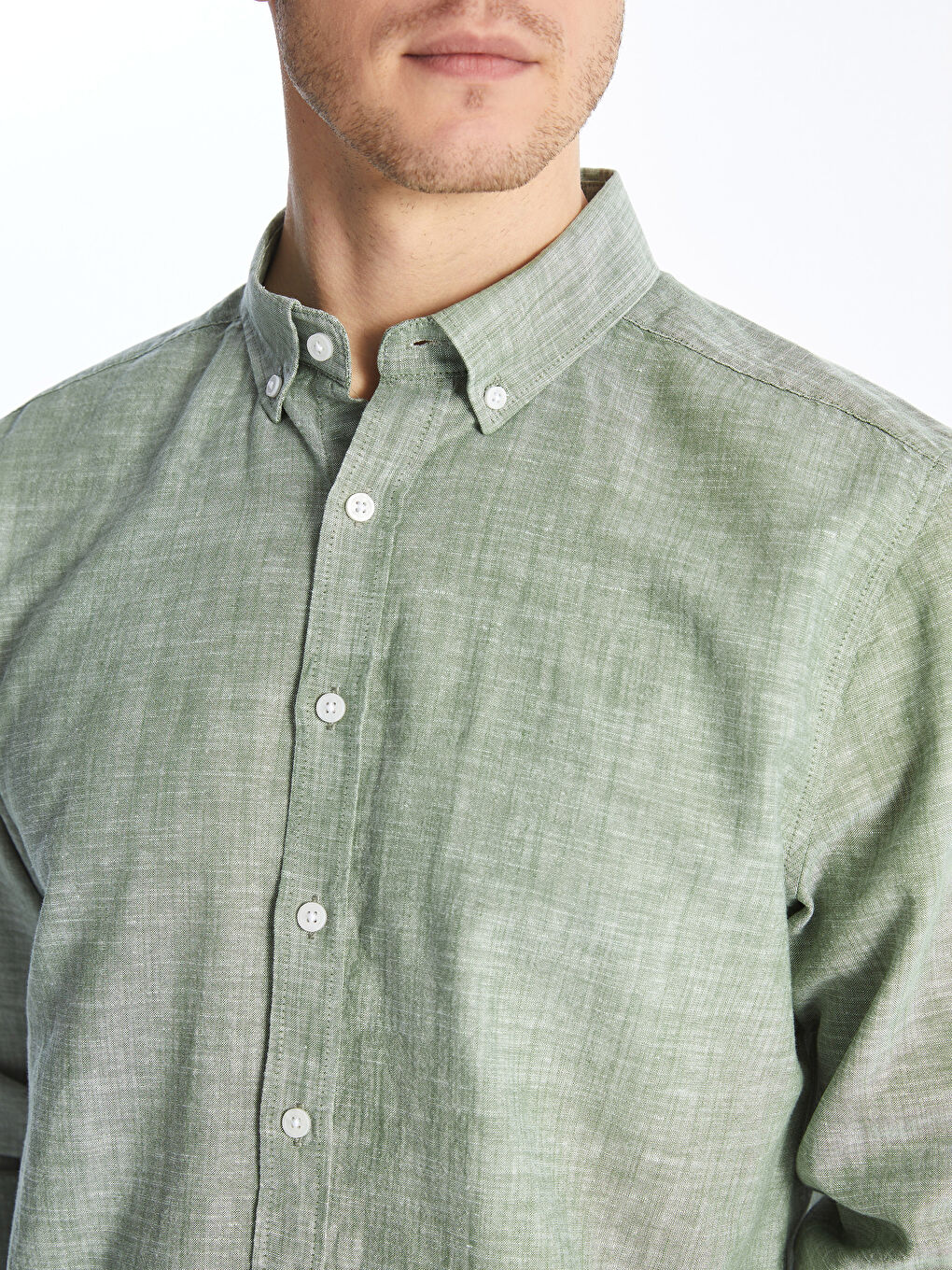 Yeşil Regular Fit Uzun Kollu Keten Karışımlı Erkek Gömlek-3