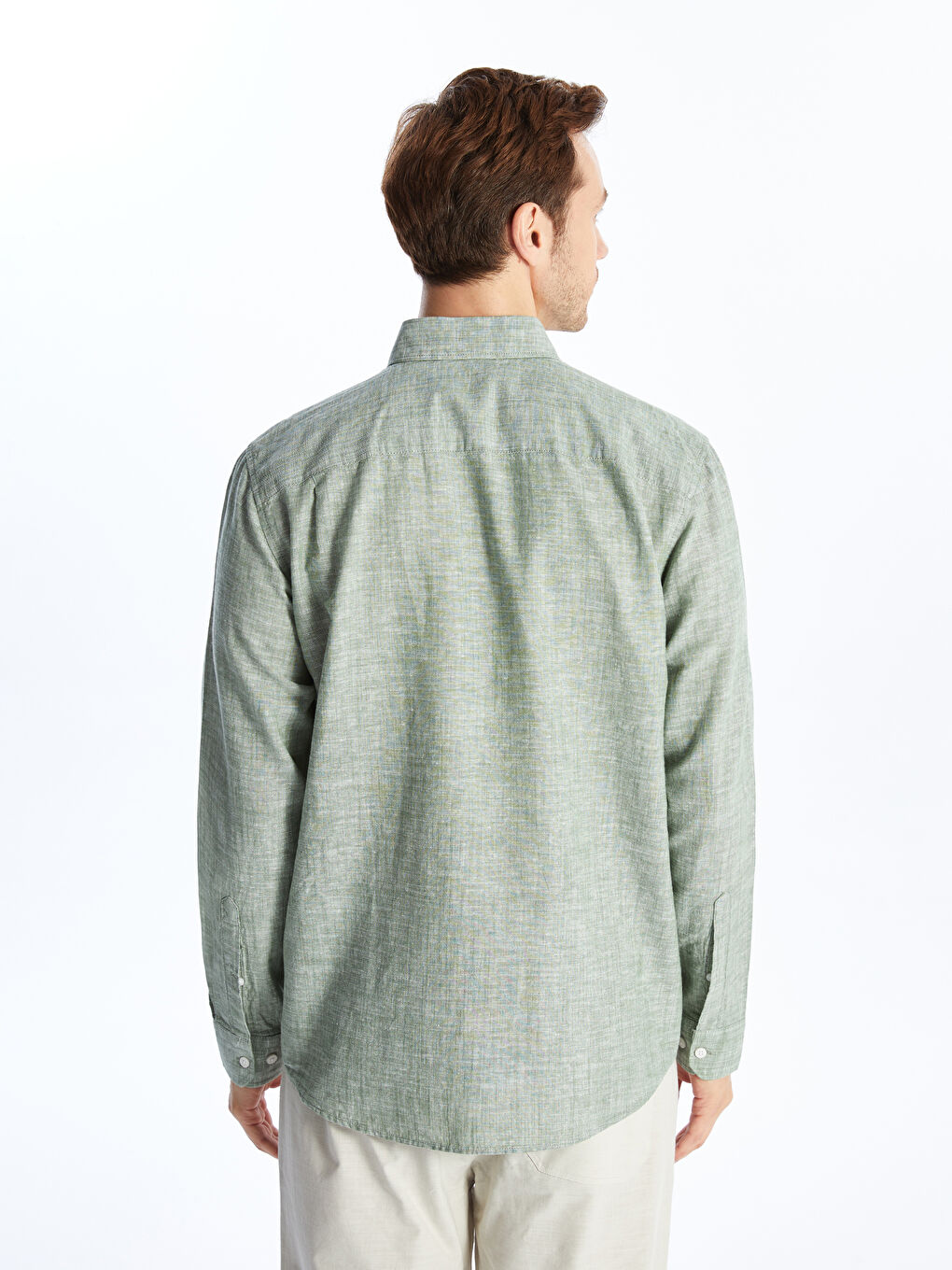 Yeşil Regular Fit Uzun Kollu Keten Karışımlı Erkek Gömlek-4
