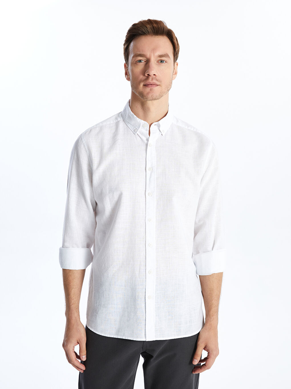 Beyaz Regular Fit Uzun Kollu Keten Karışımlı Erkek Gömlek-1